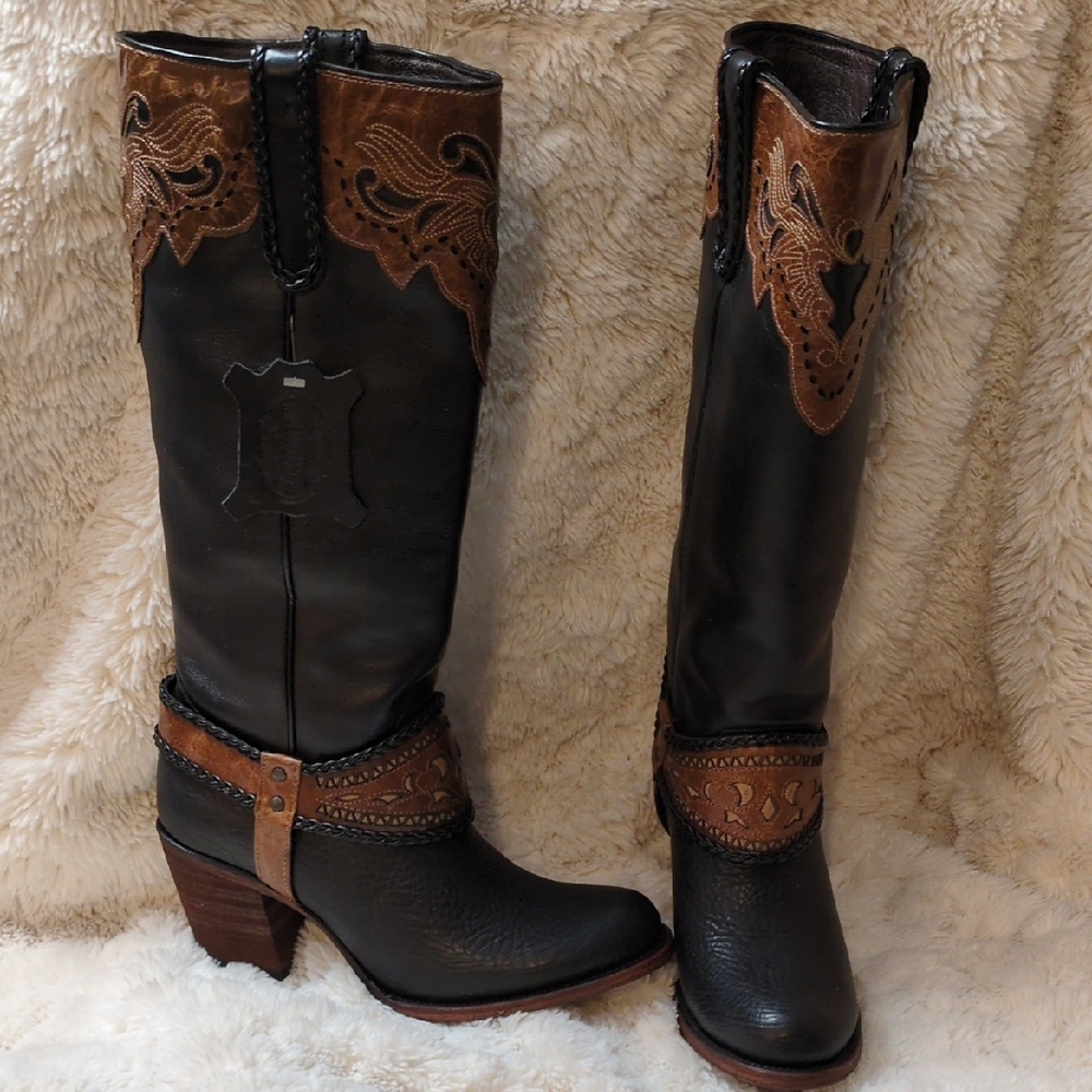Elegant Black and Brown Heeled Boots